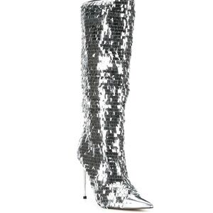 Steve Madden- Panther Silver Sequin Knee-High Stiletto Boots. Size 7.5